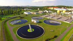 Aerial view to sewage treatment plant. Grey water recycling. Waste management theme. Stock Footage