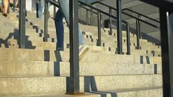 Students run upstairs, applicants rush to exam, introductory university campaign Stock Footage