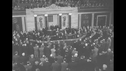 Profile of retiring PM Winston Churchill making victory sign to crowd and speaking before the US Congress in the 1950s News Clip