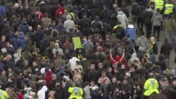 Police on horses dispersing protesting Manchester United fans News Clip