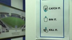 Colchester Stadium with Covid signs and sanitizers News Clip