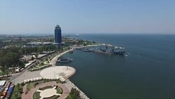 city and sea views, museum warship, drone video Stock Footage