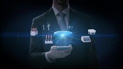 Businessman click Smart Factory, solar panel, wind generator, Hydroelectricity connect Internet of things, green energy. 4k movie. Stock Footage