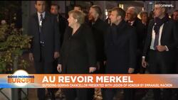 Macron piles on the praise during Merkel's farewell visit to France News Clip