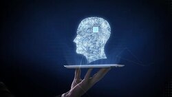 Lifting tablet, CPU chip circuit board connected human head shape, 4K movie.grow artificial intelligence. Stock Footage