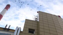 Smoking stack of the thermal power station against a blue sky. Smoking stacks of thermal power station. Stock Footage