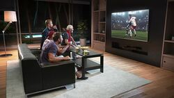 Group of fans are watching a soccer moment on the TV and celebrating a goal Stock Footage