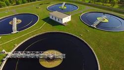 Aerial view to sewage treatment plant. Grey water recycling. Waste management theme. Stock Footage