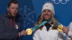Ester Ledecka showing off her Gold Medals News Clip