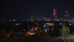 Terminal Tower Lit Up in Orange to Celebrate Cleveland Brown's First Win Since 2016 Stock Footage