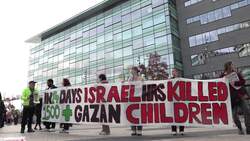 Protestors demonstrate over BBC reporting of Middle East conflict News Clip