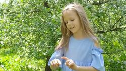 Little girl in blooming apple tree garden on spring day plays with ladybug Stock Footage