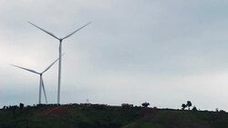 Scenery before the rainstorm will come of Wind turbines for electricity in the mountains, Khao Kho, Phetchabun, Thailand. Stock Footage