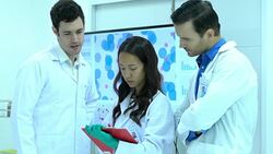 Scientists team meeting and talking in laboratory or medical center. Concept of science, testing development and lab industry. Stock Footage