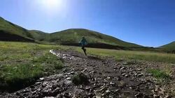 Young fitness woman trail runner running on grassland Stock Footage