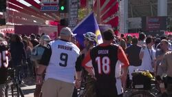 CLEAN : Game Day! Fans flock to SoFi Stadium ahead of Super Bowl blockbuster News Clip