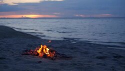 Blazing campfire on the beach during summer evening. Bonfire in nature as background. Burning wood on white sand shore at sunset. selective focus. tropical romantic landscape near sea water edge. Stock Footage