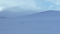 EST WIDE ANGLE OF SNOW COVERED MOUNTAIN. PEAK OF SECOND MOUNTAIN IN BACKGROUND. COULD BE HIMALAYAS. LARGE OBJECT IN SNOW. COULD BE DEAD HORSE. COULD BE DEAD ANIMAL. WINTER. Stock Footage