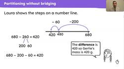 Subtract 2 or 3-digit numbers using partitioning and bridging a multiple of 10 Instructional Video