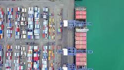 Strait of Malacca Aerial view port container terminal container ship in import export and business logistic at Deep water port Singapore Stock Footage