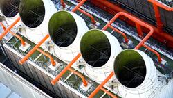 Cooling tower building with pump station at below in power plant Stock Footage