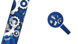 searching concept magnifying glass with abstract blue and white cogs background Stock Footage