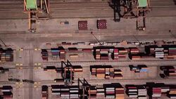 Aerial view of commercial port, cargo container Stock Footage