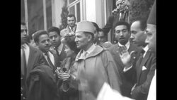 Restored, formerly exiled Sultan of Morocco Mohammed Ben Youssef visited in St. Germain-en-Laye, France by Moroccan students News Clip