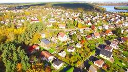 Camera flight over area for pleasant living in suburban district. Urban landscape in Czech Republic, Europe. Stock Footage