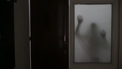 Spooky silhouette of ghost woman behind the matte glass window Stock Footage