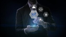 Businessman slide touch IoT hexagon icon, Home security, cctv, smart city, mobile app, car, internet of thing. 4K movie. Stock Footage