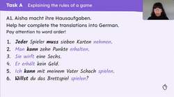 Rules of a game: modal verbs, 'jeder', 'jede', 'jedes', dictogloss skills Instructional Video