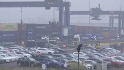 Cargo containers loading on to lorries at port News Clip