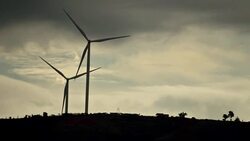 Scenery before the rainstorm will come of Wind turbines for electricity in the mountains, Khao Kho, Phetchabun, Thailand. Stock Footage