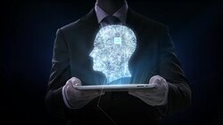 Businessman lifting tablet, CPU chip circuit board connected human head shape, 4K movie.grow artificial intelligence. 2. Stock Footage