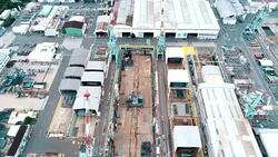 Aerial view of shipyard Stock Footage