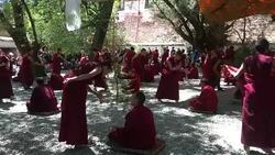 Tibetan monks are debating in Sera Monastery. Stock Footage