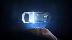 Lifting smart phone, mobile, Electronic car,  ion battery echo car. Charging car battery. Battery level check, future car. top view. 4k movie. Stock Footage