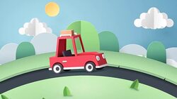 Paper art of red car move along country road near mountain, origami and travel concept Stock Footage