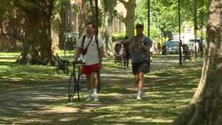 People relaxing and excercising in London Fields on a sunny day News Clip