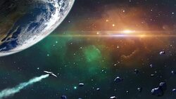 Space scene. Spaceship fly through planet and asteroids. https://visibleearth.nasa.gov/view.php?id=79765 Stock Footage