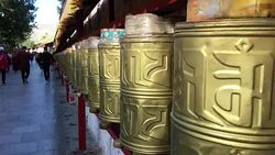 Prayers spinning the prayer wheels. Stock Footage