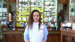 Portrait of smiling young chemist in pharmacy Stock Footage