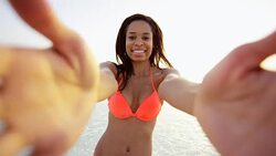 Portrait of ethnic female filming social media video Stock Footage