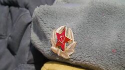 A red star patch on the hat of the russian soldier Stock Footage