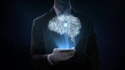 Businessman slide touch smart phone, digital brain connected CPU chip circuit board, 4K movie.grow artificial intelligence. Stock Footage