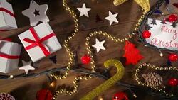 Christmas decoration and gifts on old wooden floor Stock Footage