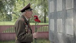 An elderly gray-haired veteran of the great Patriotic war and world war II in uniform with many badges and orders stands near the mass grave. The grandfather remembers horrors of military operations, destruction and death of people Stock Footage