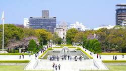 Hiroshima Reimagined: Serene Aerial Views of Peace Park Stock Footage