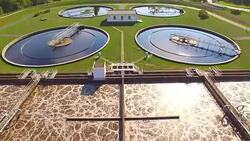 Aerial view to sewage treatment plant. Grey water recycling. Waste management theme. Stock Footage